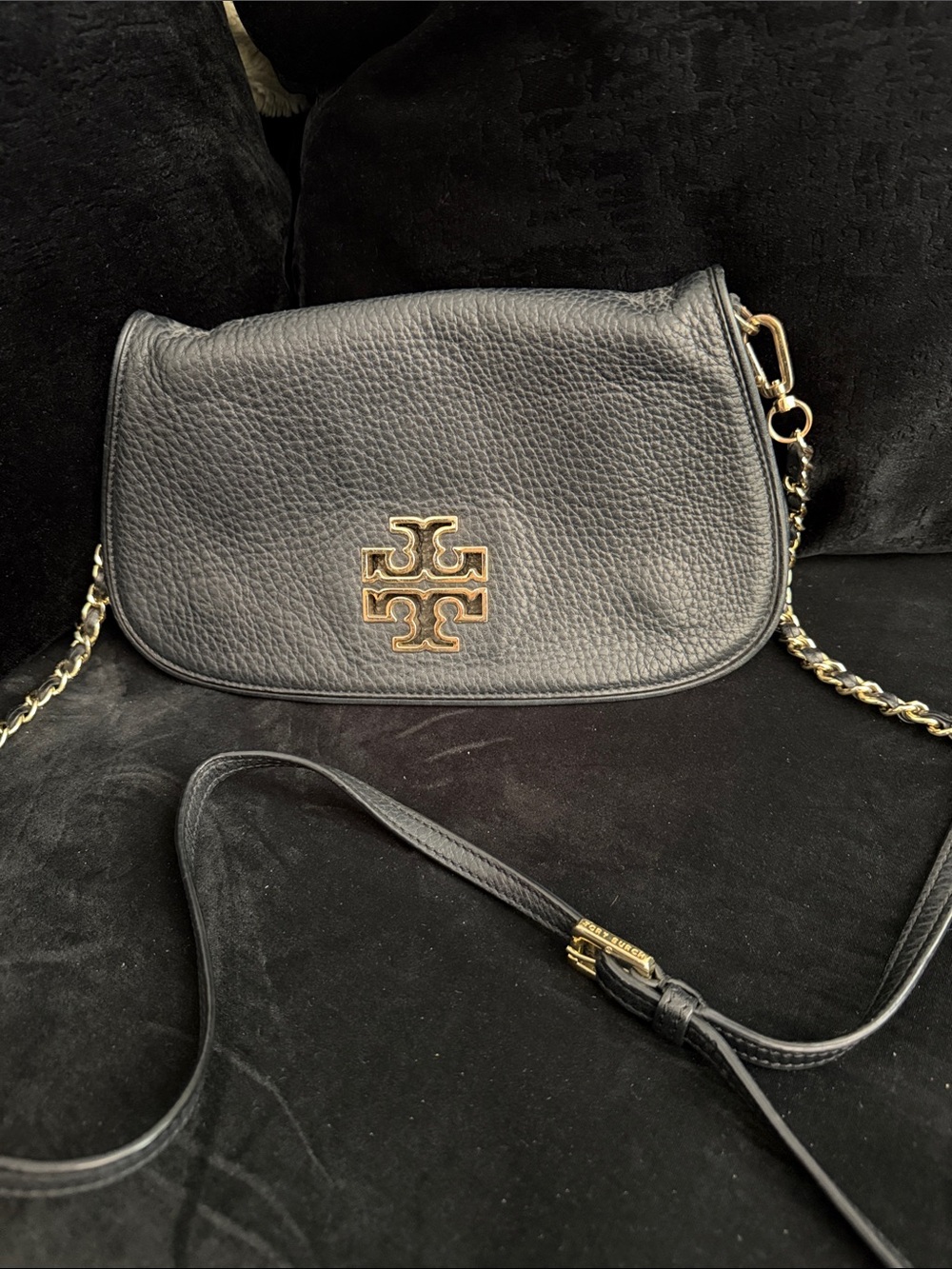 Tory Burch Black Pebbled Leather Saddle Crossbody with Gold Logo
